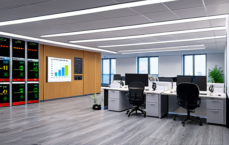 **
> A modern office interior with LED lighting, smart HVAC controls, and employees participating in an energy-saving training session. Focus on energy efficiency and employee engagement.
**